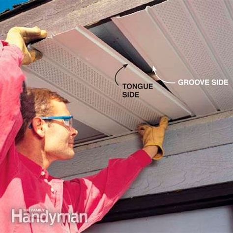 How to Install Aluminum Soffits that are Maintenance-Free | The Family Handyman Soffit Ideas, Roof Soffits, Vinyl Soffit, Vinyl Siding Installation, Siding Installation, Roof Edge, Fascia Board, Roof Overhang, Installing Siding