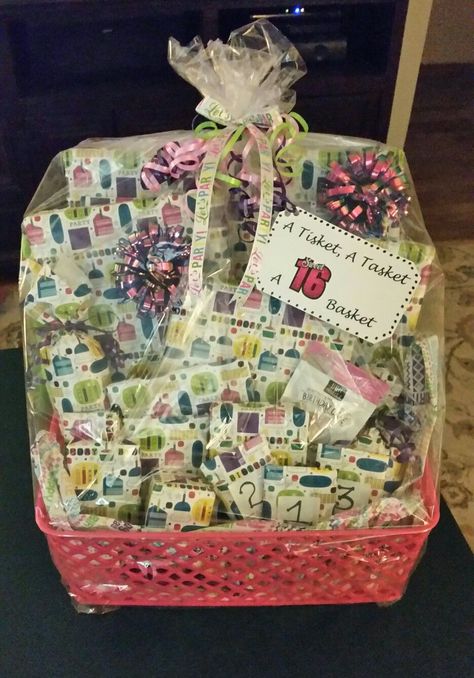 A Tisket, A Tasket, A Sweet 16 Basket! Filled with 16 gifts for the Special Birthday Girl!! Sweet 16 Basket, 16th Birthday Gifts For Girls, A Tisket A Tasket, Sweet 16 Birthday Gifts, Birthday Present For Boyfriend, Sweet Sixteen Gifts, Birthday Presents For Girls, Birthday Basket