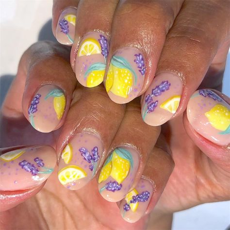 ROSE B. on Instagram: “🍋lemon & 💐lavender” Lavender Plant Nail Art, Lavender Flower Nails, Fruit Nails, Lemon Nails, Bee Nails, Pedi Ideas, Lavender And Lemon, Lavender Nails, Lovely Nails