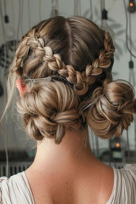 Space Buns Long Curly Hair, Cute Hairstyles Buns And Braids, Braids And Space Buns, Galaxy Buns Hair, Braids Into A Bun Hairstyles, Space Bun Updo, Formal Space Buns, Fae Aesthetic Hairstyles, Space Buns With Ribbons