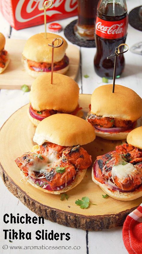 Chicken Tikka Sliders - Aromatic Essence Sliders Easy, Coca Cola Chicken, Cola Chicken, Slider Rolls, Rustic Food, Masala Spice, Slider Buns, Indian Chicken, Food Stations