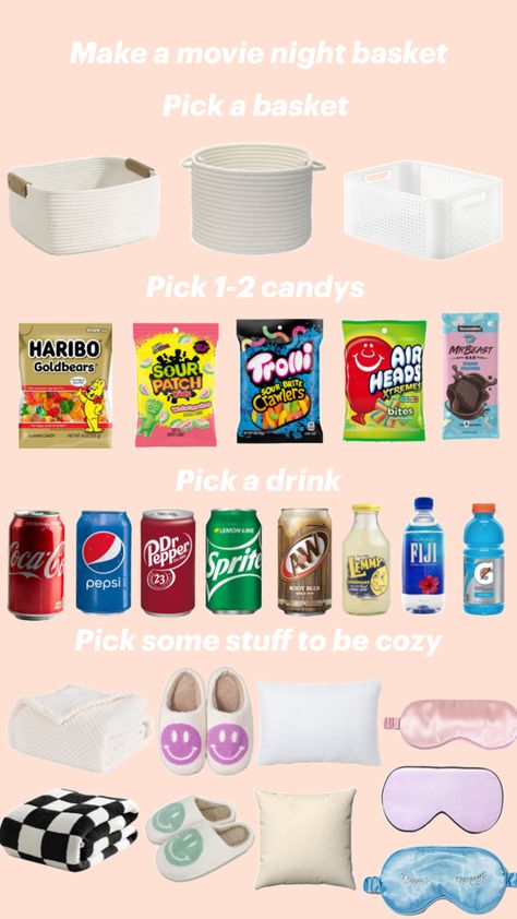 Comment down below what things you would put in your movie night basket and follow me for more Movie Basket Gift, Movie Night Basket, Making A Gift Basket, Make A Movie, Easy Birthday Gifts, Holiday Baskets, Baby Shower Gift Basket, Making A Movie, Sour Patch