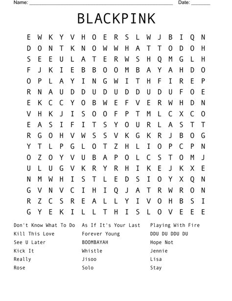 BLACKPINK  Word Search Kawaii Word Search, Kpop Word Search, Korean Word Search, Blackpink Word Search, Taylor Swift Word Search Folklore, Gymnastics Word Search, Wordsearch For Kids, About Me Template, Song Lyric Posters