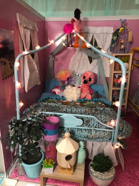 Doll Bedroom Ideas, American Doll House, Magical Menagerie, Ag Doll House, Tropical Room, Big Girl Bedrooms, American Girl Doll Stuff, Girl Bedrooms, Doll Bed