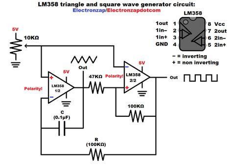 LM358 dual op amp triangle and square wave generator circuit diagram by electronzap electronzapdotcom used in my YouTube video at https://youtu.be/7763E8mXvQE Op Amp Circuit, Lm358 Circuit, Synthesizer Diy, Triangle Wave, Diy Guitar Amp, Circuit Bending, Diy Guitar, Electronic Circuit Projects, Patreon Logo