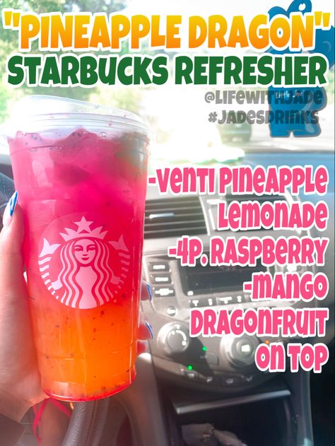 Pineapple Dragon drink

Venti pineapple lemonade with mango dragonfruit on top. Add 4 pumps of raspberry. Secret Refreshers Starbucks, Starbucks Refreshers Pineapple, Starbucks Secret Menu Drinks Dragon Fruit, Starbucks Tropical Drink, Starbucks Refreshers Dragonfruit, Tropical Sunrise Refresher Starbucks, Pineapple Drink Aesthetic, Refreshing Summer Drinks Starbucks, Starbucks Spring Drinks