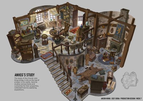 Interior Design Concept Art, Fantasy Common Room Concept Art, Isometric Interior, Room Concept Art, D&d Room, Stylized House, Steampunk Room Concept Art, Wizard Bedroom Concept Art, Alchemist Room Concept Art