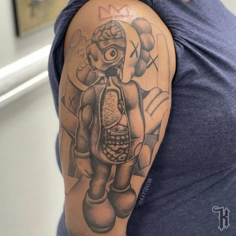 Kaws Half Sleeve Tattoo, Kaws Hands Tattoo, Shi Shi Dog Tattoo, Drippy Tattoos Aesthetic, Hype Beast Tattoo, Mother Forearm Tattoo, Kaws Tattoo Ideas For Women, Kaws Sleeve Tattoo, Kaws Tattoo Ideas For Men