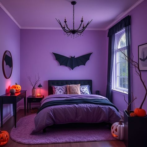 Halloween bedroom decor, purple bedroom, spooky bedroom, Halloween home decor, gothic bedroom, interior design ideas, home decor inspiration, Halloween party decor. Spider Bedroom, Black And Purple Bedroom Ideas, Black And Purple Bedroom, Black Canopy Bed, Elegant Halloween Decor, Purple Bedrooms, Inspired Bedroom, Purple Bedroom, Purple Rooms