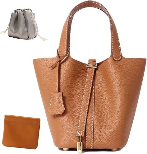 Amazon.com: Generic Genuine Leather Lock Design Bucket Bag Vegetable Basket, Fashionable and Versatile Shoulder Handbag (Brown) : Clothing, Shoes & Jewelry Ladies Leather Bags, Beige Clothing, Brown Clothing, Lock Design, Small Shoulder Bags, Vegetable Basket, Folding Umbrella, Lightweight Bag, Handbags Casual