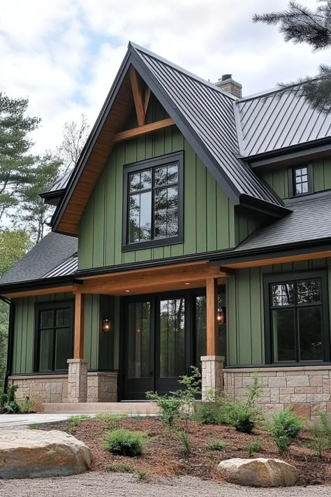 Modern Farmhouse Green Exterior, Green Mountain Home Exterior, Dark Green Siding House, Shake Siding House, Green House With Black Trim, Green And Black House, Green House Black Trim, Dark Green House Exterior, Modern Farmhouse Green