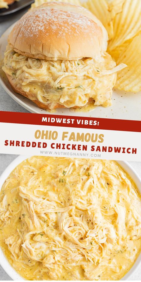 This classic Ohio shredded chicken sandwich recipe is the perfect party food! It's easy to make in your slow cooker or Instant Pot. Trust me, you'll love these creamy chicken sandwiches piled high on a soft bun. Dinner Sandwich Recipes Families, Cream Of Chicken Sandwiches Crockpot, Ohio Hot Chicken Sandwiches, Hoagie Sandwiches Chicken, Shredded Chicken Sandwiches Stovetop, What To Make With Pulled Chicken, Hot Chicken Sandwiches Gravy, Instant Pot Shredded Chicken Sandwiches, Chicken Sandwich Ideas Healthy