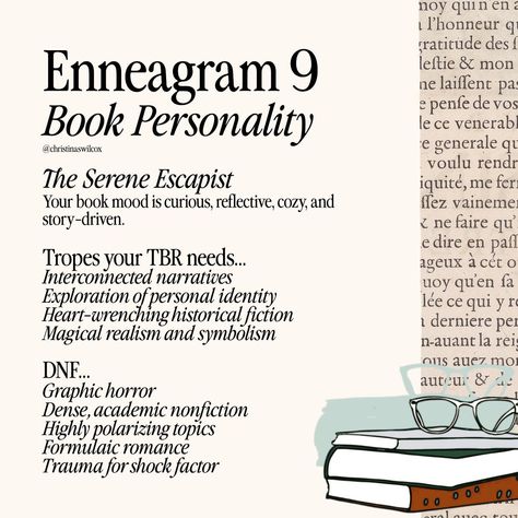 enneagram 9s!!! i have heard your cries!!! Continuing my new bookish series where I share some data about your most voted favorite genres, tropes, etc. based on your enneagram type! Enneagram 9s BY FAR had the most eclectic taste! They are in every genre that is able to give them escapism LOL love y’all that is so real 🙊 My favorite part about the enneagram 9 data was how much you just love experiencing other worlds! who should come next?! #Enneagram9 #Enneagram9w1 #Enneagram9w8 #Enneag... Enneagram 9 Aesthetic, 9w1 Infp, Infp Pisces, 9w1 Enneagram, Type 9 Enneagram, Enneagram 9w1, Enneagram 9, Journal Questions, Personality Psychology