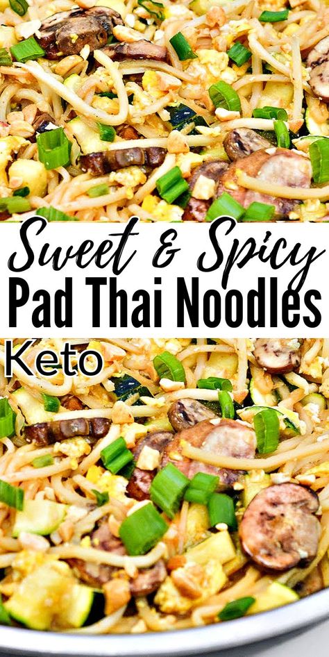 Keto Sweet & Spicy Pad Thai Noodles - Make them vegetarian or add chicken. Either way, keto Thai noodles are stir-fried in a tasty sweet and spicy sauce you’ll love! #keto #ketorecipes #ketodiet #Ketopadthainoodles #padthainoodles #thai #ketodinner #vegetarianrecipes #meatlessmeals #food #recipes Pad Thai Recipe Spicy, Spicy Pad Thai Recipe, Pad Thai Keto, Paleo Pad Thai Recipe, Spicy Pad Thai, Keto Pad Thai, Melting Potatoes Recipe, Melting Potatoes, Spicy Thai Noodles