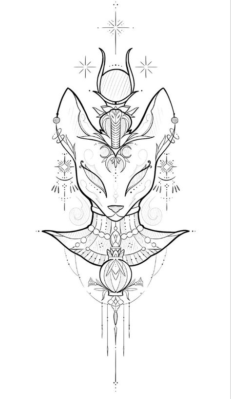 Back Tattoo Drawing, Egyptian Tattoo Designs, Bastet Tattoo, Mandala Animals, Egypt Tattoo, Muster Tattoos, Egyptian Tattoo, Tattoo Style Drawings, Tattoo Design Book