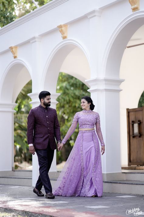 Couple Combination For Wedding, Reception Costume For Bride And Groom, Lavender Engagement Dress, Purple Couple Outfits, Ring Ceremony Dress Indian, Reception Dress Bride Indian, Reception Saree Look, Engagement Lehengas, Engagement Couple Dress