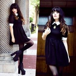 Black baby doll dress chunky platforms Lita Boots Outfit, Lita Boots, Jeffrey Campbell Lita, Wednesday Addams, Boots Outfit, Jeffrey Campbell, Lookbook, Black Dress, Boots