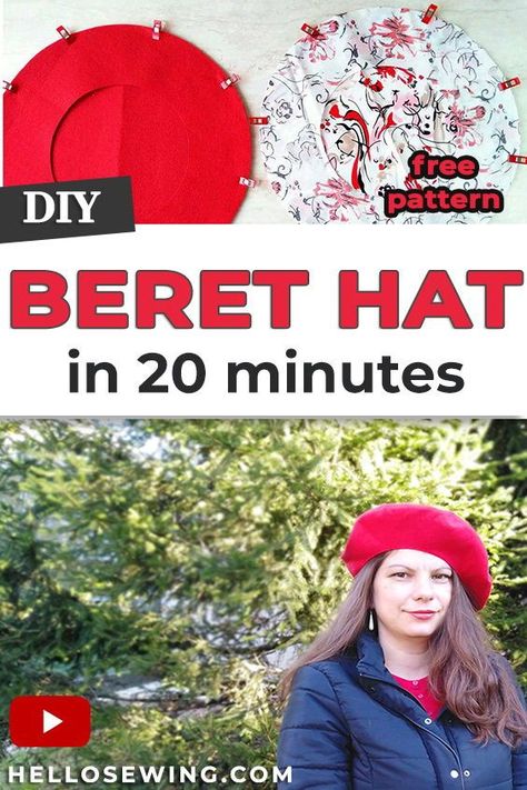 Learn how to make a beret in 20minutes. Treat yourself with a fashion accessory straight from Paris with this stylish DIY beret! This video tutorial will teach you how to make a beret quickly and easily by using a beret sewing pattern. The beret hat pattern is so simple, you can even make it yourself in minutes. Even so, it makes the entire project a whole lot easier. Diy Beret Hat Sewing Patterns, How To Make A Beret Out Of Felt, Patterns For Hats Sewing, Fleece Beret Pattern, How To Sew A Beret, Free Hat Sewing Patterns For Women, Beret Sewing Pattern Free, Free Hat Sewing Pattern, How To Make A Hat Out Of Fabric