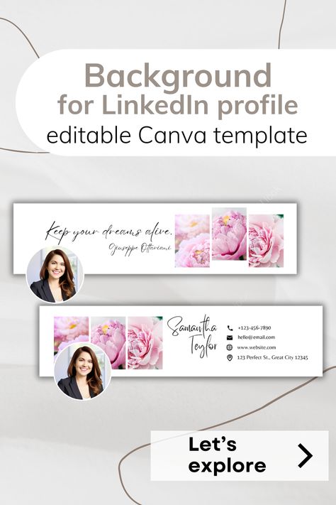 Make a lasting impression on your LinkedIn network with this beautifully designed background template, editable in Canva.

With its clear and aesthetic floral elements and fully customizable text fields to add your contact details and personal info.

Perfect for professional woman, lady boss and anyone looking to add a feminine, professional edge to their profile, these banners will capture attention and make a memorable impression.

#Linkedinbackground #Canvatemplate #Linkedincreative #backgroundforwoman #feminine #pinkpeony
#LinkedInHeader #LinkedInBackground #LinkedInBannerTemplate #LinkedInProfile #CanvaTemplates #VirtualAssistant #LinkedInBanner
#minimalist #aesthetic #Professional Linkedin Background, Linkedin Banner, Linkedin Profile, Professional Women, Background Banner, Pink Peonies, Banner Template, Virtual Assistant, Boss Lady