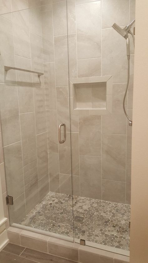 Natural Color Shower Tile, Vertical Tiled Shower Ideas, Neutral Tiled Shower Ideas, Sand Colored Tile Bathroom, Tile Shower Walk In, Beige Shower Tile Ideas Farmhouse, Earth Tone Shower Tile, Beige Walk In Shower Ideas, Bathroom Tile Ideas Beige