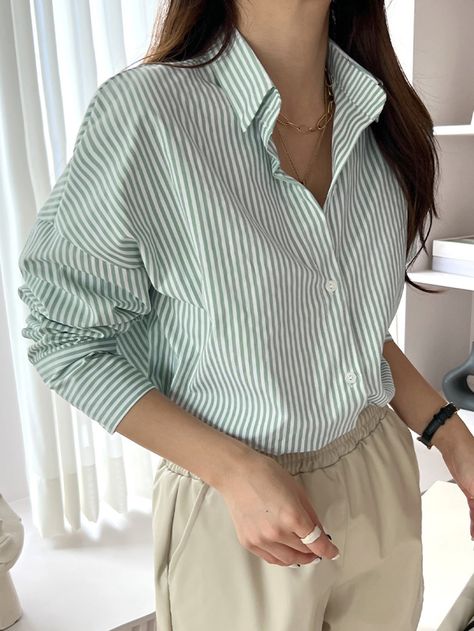 DAZY Striped Print Drop Shoulder Shirt Stripped Shirts For Women, Striped Green Shirt Outfit, Striped Shirts For Women, Striped Shirt Outfit Woman, Stripe Long Sleeve Outfit, Women Shirts Blouse Work Outfits, Stripe Shirt Outfits Women Casual, Green Shirt Outfits Women, Green Striped Shirt Outfit