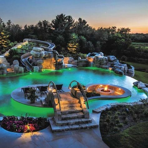 Unique Pool Backyard Waterfall Slide Designs Dream Backyard Pool, Luxury Swimming Pools, Dream Life House, Waterfalls Backyard, Pool Waterfall, Luxury Pools, Backyard Pool Landscaping, Dream Pools, Backyard Pool Designs