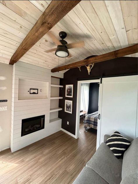 Masculine Tiny House, Tiny House 16x40, Mini Home Design, Black Metal Tiny House, She’d Into Tiny Home, 12×24 Tiny Home, Park Model Tiny House, Modern Mobile Homes, Bath Aesthetic