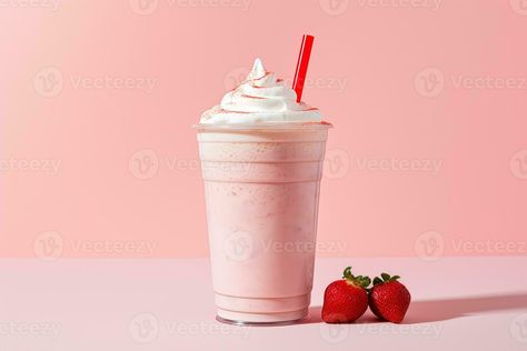 Strawberry milkshake in plastic takeaway cup isolated on pink background. ai generated Strawberry Milkshake, Logo Banners, Heart With Arrow, Custom Illustration, Custom Branding, Custom Packaging, Background Banner, Custom Logo Design, Flower Frame