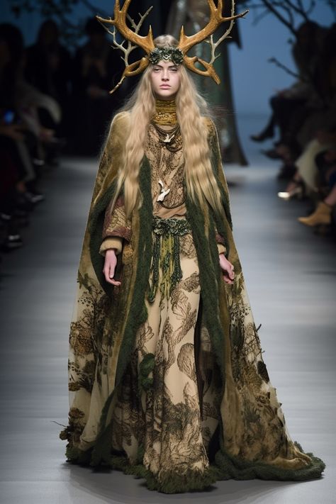 Fashion inspired by druid Celtic Druid Costume, Modern Celtic Fashion, Hexblood Druid, Druid Aesthetic Clothing, Druid Clothes, Druid Fashion, Dnd Druid Outfit, Druid Dress, Druid Priestess