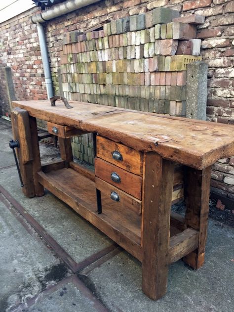 Antique Work Bench, Vintage Workbench, Timber Frame Garage, Industrial Workbench, Rustic Sideboard, Diy Workbench, Wooden Console, Wood Shop Projects, Woodworking Workbench