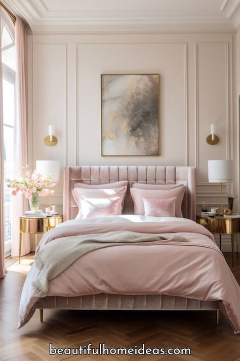 27 Beautiful Pink Bedroom Ideas For Your Bedroom Redesign - Beautiful Home Ideas Classic Pink Bedroom, Colourful Pastel Bedroom, Light Pink Master Bed, Pink Bed Bedroom, Pale Pink Master Bed, Neutral Pink Bed, Beige Pink Bedroom, Pink Bed Frame Bedroom Ideas, Pastel Colour Bedroom Ideas