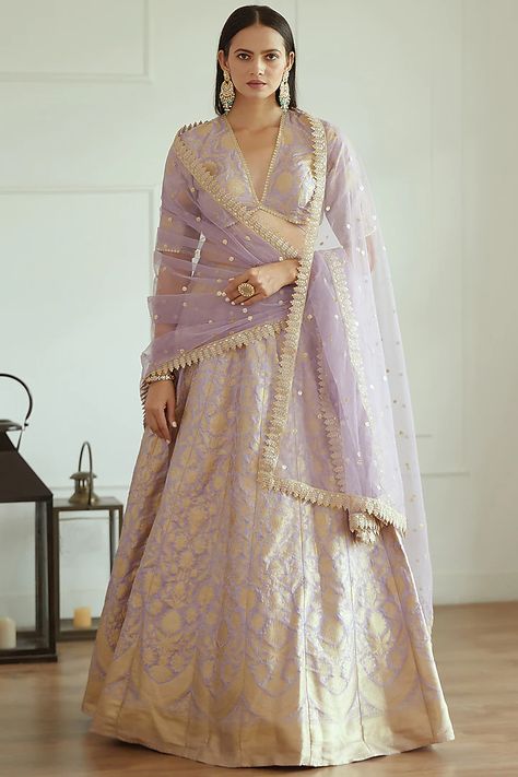 Lavender Banarasi Silk Lehenga Set Design by Studio Iris at Pernia's Pop Up Shop 2022 Lavender Dupatta, Studio Iris, Vacuum Storage, Indian Wedding Wear, Dupion Silk, Silk Lehenga, Net Dupatta, Brown Girl, Designer Gowns