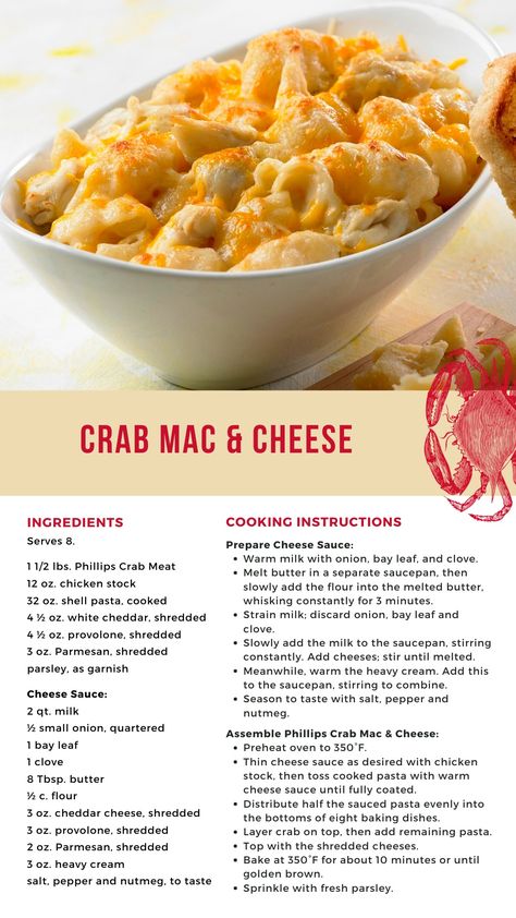 Take traditional mac & cheese to the next level with this dish, inspired by the Phillips Seafood Restaurant favorite. Made with a blend of Parmesan, provolone and cheddar cheeses and baked to perfection with your choice of crab meat, this dish is comfort food at its finest. Crab Mac And Cheese Recipe Easy, Pasta With Crab Meat, Best Macaroni And Cheese Recipes, Crab Mac And Cheese Recipe, Crab Meals, Seafood Mac And Cheese Recipe, Immitation Crab Recipes, Crab Meat Pasta, Crab Recipes Easy