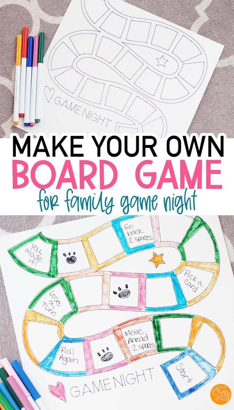 Make a DIY board game for your next family game night! Includes a Cricut Design Space template. This is a fun family game night activity for all ages, and makes a perfect homeschool project too. Make a board game for kids and adults to enjoy together. Making A Board Game Project, Design A Board Game Project, School Family Game Night, How To Make Your Own Board Game, How To Design A Board Game, Printable Board Games Template, Fun Diy Games For Kids, Board Game Project Ideas, Board Game Template Printable