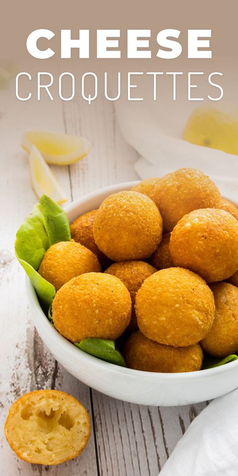 Fried cheese balls stacked in a white bowl. Cheese Croquettes Recipes, Vegetable Croquettes, Cheese Croquettes, Croquettes Recipe, Greek Cheese, Graze Box, Hot Cheese, Brie Recipes, Kitchen Magic