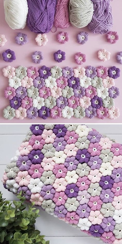 Puff Flower Crochet - бесплатные шаблоны и идеи | Crochetpedia Puff Flower, Crochet Flower Blanket, Crochet Puff Flower, Crocheted Flowers, Crochet Blanket Designs, Mode Crochet, Crochet Design Pattern, Booties Crochet, Crochet Clutch