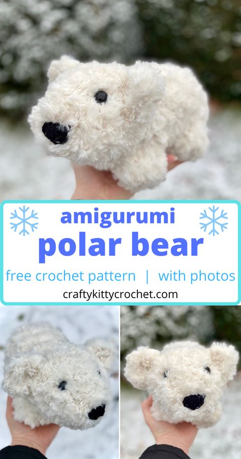 This polar bear crochet pattern is full of frosty fun and is easy to make!  Using super chunky faux fur yarn, this polar bear works up with just a few basic crochet stitches, and the head/body take only 12 rounds to work up!!!  If you're looking for a cute, cuddly, and fast amigurumi that you can give to just about anyone on your holiday gift list, then look no further! #crochet #crochetpattern #crochetbear #crochetpolarbear #amigurumi #amigurumipolarbear #amigurumibear #fauxfuryarn #fauxfur Fast Amigurumi, Polar Bear Crochet Pattern, Amigurumi Polar Bear, Polar Bear Crochet, Bear Crochet Pattern, Bear Patterns Free, Winter Crochet, Crocheted Toys, Bear Crochet