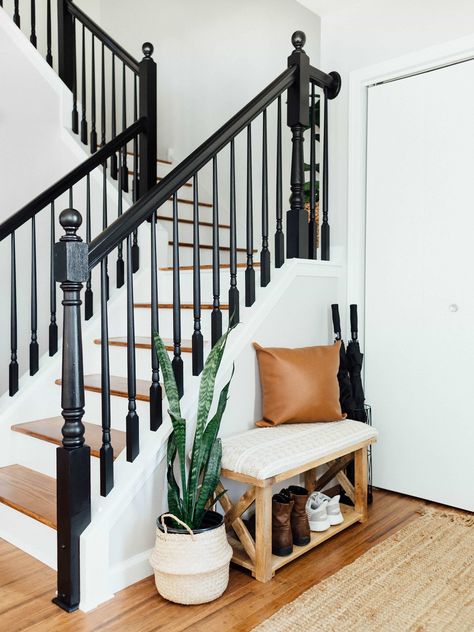 DIY Staircase Makeover | Sammy On State Black Paint For Stair Railing, Black Painted Staircases, Stair Railing Painted Black, Black Stair Railing Wood, Paint Wood Stair Railing, Black White Wood Stairs, Dark Brown Stair Railing, Black Paint Staircase, Indoor Black Railings For Stairs