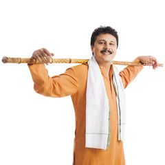 Portrait of a man with a wooden staff on his shoulders Shoulder Pose, Holding Staff, Man With, Wooden Staff, Character Reference, Body Poses, Art Tips, Pose Reference, A Man