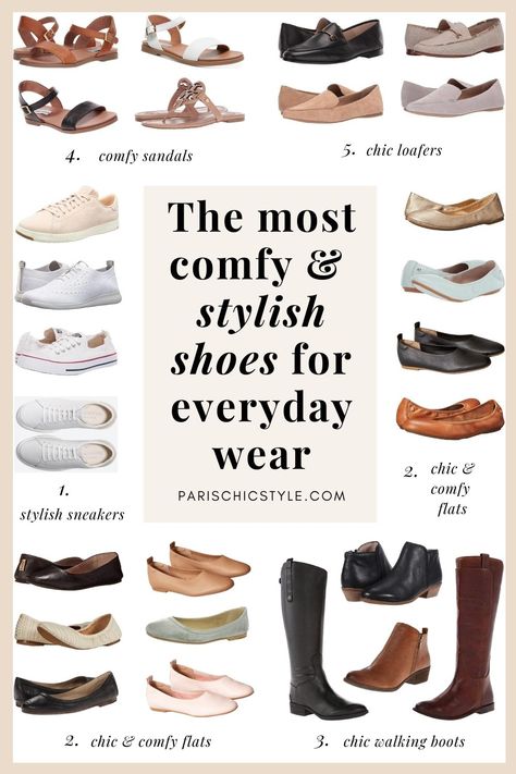 These are comfortable, chic & stylish shoes for women to wear for walking, work, travel, street style, everyday wear, & outings. Don't sacrifice comfort for stylish shoes. #parischicstyle #bestshoes #comfortableshoes #besttravelshoes #bestshoesforwalking #bestshoesforwork #streetstyle #fashion #stylishsneakers #bestboots #bestflats #bestballetflats #balletflats #sneakers #bestloafers #bestsandals #balletflatsforwalking #flatsforwalking #flatsforwork #travelshoes #stylishwalkingshoes #travel Shoes For Moms Casual, Work Outfits With Comfortable Shoes, Comfortable Business Casual Shoes For Women, Work Winter Shoes, Shoes Professional Women, Fall Flat Boots Outfit, Office Shoes Women Business Casual, Work Wear Shoes Women, Staple Shoes To Have