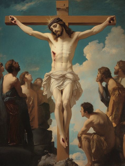 This powerful painting of the Crucifixion of Jesus Christ captures the essence of sacrifice, compassion, and redemption. Surrounded by mourners, this classical depiction brings a profound sense of reverence and spirituality. Ideal for religious decor or as a piece of Christian inspiration, this artwork serves as a visual reminder of faith and love.  #CrucifixionArt #ChristianArt #ReligiousInspiration #FaithAndSacrifice #SacredArt Crucifixion Art, Academic Painting, Jesus On Cross, The Crucifixion Of Jesus, The Crucifixion, Agnus Dei, Crucifixion Of Jesus, Maria Magdalena, Macabre Art