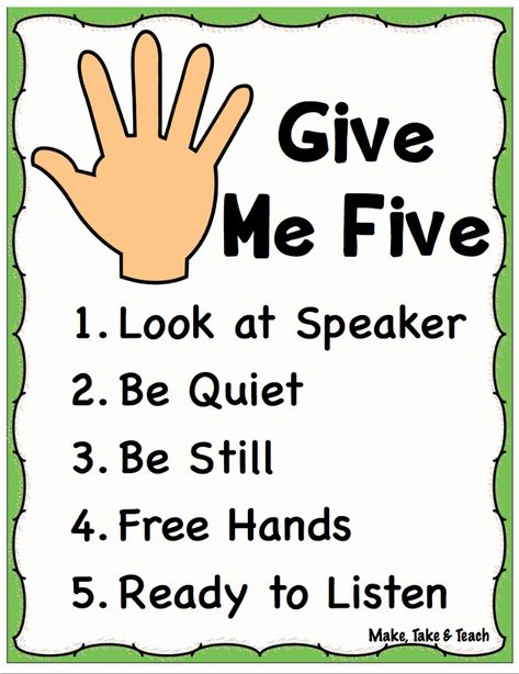 Blog post on the importance of teaching procedures during the first days of school. Free printables! Give Me 5 Poster Classroom Management, Give Me Five Poster, School Free Printables, Harry Wong, Classroom Rules Printable, Teaching Procedures, Teaching Classroom Management, Poster School, Give Me 5