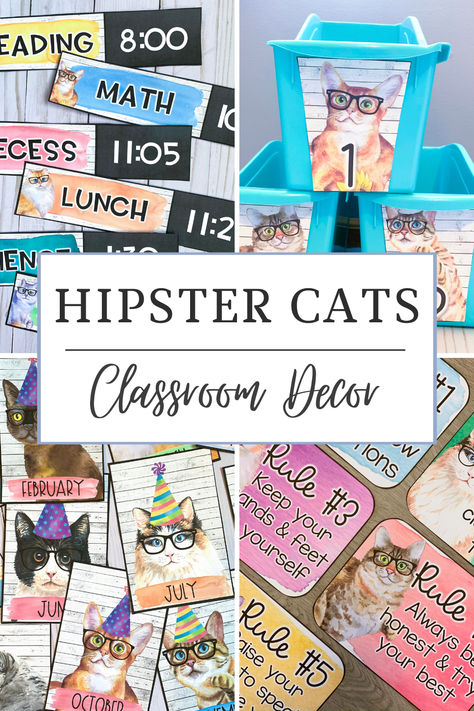 Looking for a cat classroom decor theme? This classroom decor bundle will go perfectly in a cat, hipster, or shiplap themed room! I think they would also look great with watercolor classroom decor! I think they would also look great with neutral classroom decor! There are a ton of printable and editable decor pieces to help make your classroom more fun!  #classdecor #classroomdecor #catclassroom #hipstercats #hipstercat #hipsterdecor #catdecor #catclassdecor #hipstercatdecor #teaching Cat Theme Classroom, Hipster Decor, Watercolor Classroom, Neutral Classroom Decor, Hipster Cat, Classroom Decor Themes, Decor Bundle, Class Decoration, Cat Decor