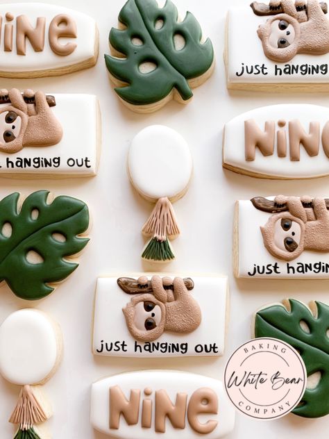 Sloth Sugar Cookies, Sloth Cookies, Sloth Birthday Cookies, Sloth Party Food Ideas, Wild One Decorated Cookies, Sloth Birthday Party Invitations, Sloth Birthday, Sip And See, Milk And Honey