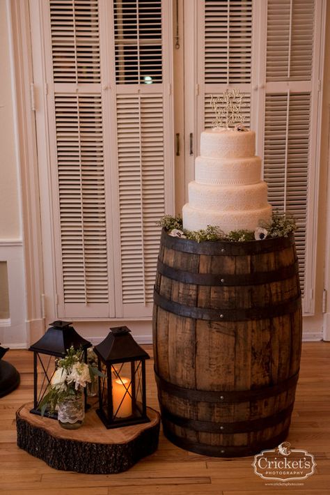 Whiskey Barrel Wedding Cake Table, Barrel Wedding Cake, Bourbon Barrel Decor, Bourbon Wedding, Cricket Photography, Barrel Wedding Decor, Rustic Dessert Table, Wedding Reception Cake, Sage Green And Cream