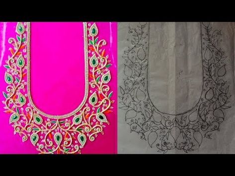 Aari/Maggam Work| Heavy Bead and Kundan Stone Bridal Blouse Back Neck Design Tracing paper  Aari Bridal blouse designs tracing paper  Sim... Aari Blouse Tracing Paper, Aari Design Tracing Paper, Aari Work Blouse Tracing Designs Hand, Aari Work Print Out, Arri Tracing Designs, Tracing Designs For Aari Work Blouse, Aari Work Tracing Patterns Bridal, Aari Work Sleeve Design Tracing, Maggam Work Tracing Designs