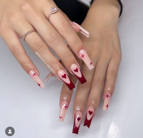 Valentines Day Nails Ideas, Red Valentines Day Nails, Stars Nail Art, Hearts And Stars, Red Valentine, Diy Acrylic Nails, Spring Nail Designs, Girly Acrylic Nails, Cute Acrylic Nail Designs