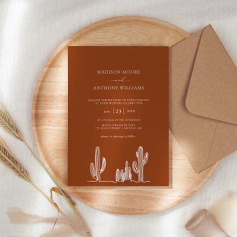 $3.03 | Terracota Cactus Line Art Desert Wedding - simple elegant trendy stylish budget, minimal minimalist clean casual trending, minimalist, handwritten sophisticated calligraphy, rustic formal classic white script, saguaro, cactus desert destination wedding, sketched cactus elopement wedding, boho, bohemian earth tone terracotta Desert Invitations, Cactus Line Art, Fall Deserts, Southwestern Wedding, Desert Theme, Script Wedding Invitations, Southwest Wedding, Wedding Simple, Budget Wedding Invitations