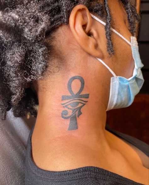 Black Spiritual Women Tattoo, Spiritual Tattoos Black Women Arm, Small Spiritual Tattoos Black Women, Locs Tattoos Ideas, Spiritual Neck Tattoos Women, Back Tatoos Woman Black, Ahnk Tattoo Black Woman, Ankh Neck Tattoo, Spiritual Neck Tattoo