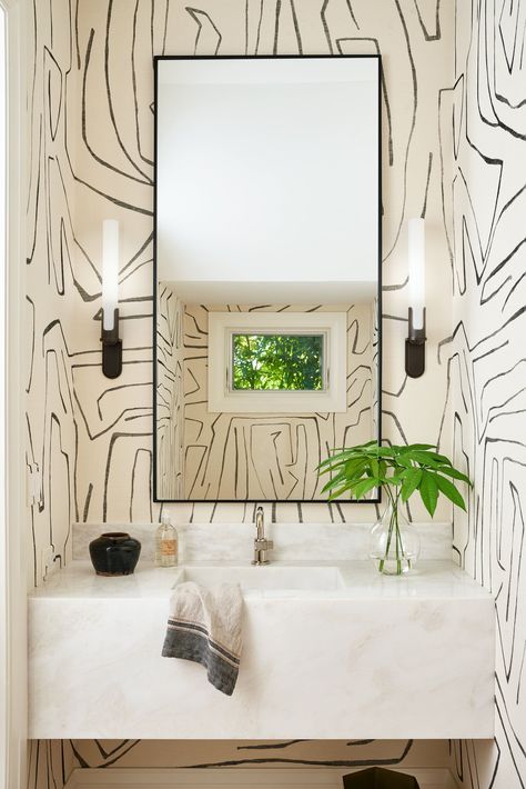 Cool Powder Room Ideas, Fun Powder Room, Floating Marble Vanity, White Powder Room, Lime Wash Paint, Wallpaper Bold, Wallpaper Powder Room, Modern Powder Room, Powder Bathroom